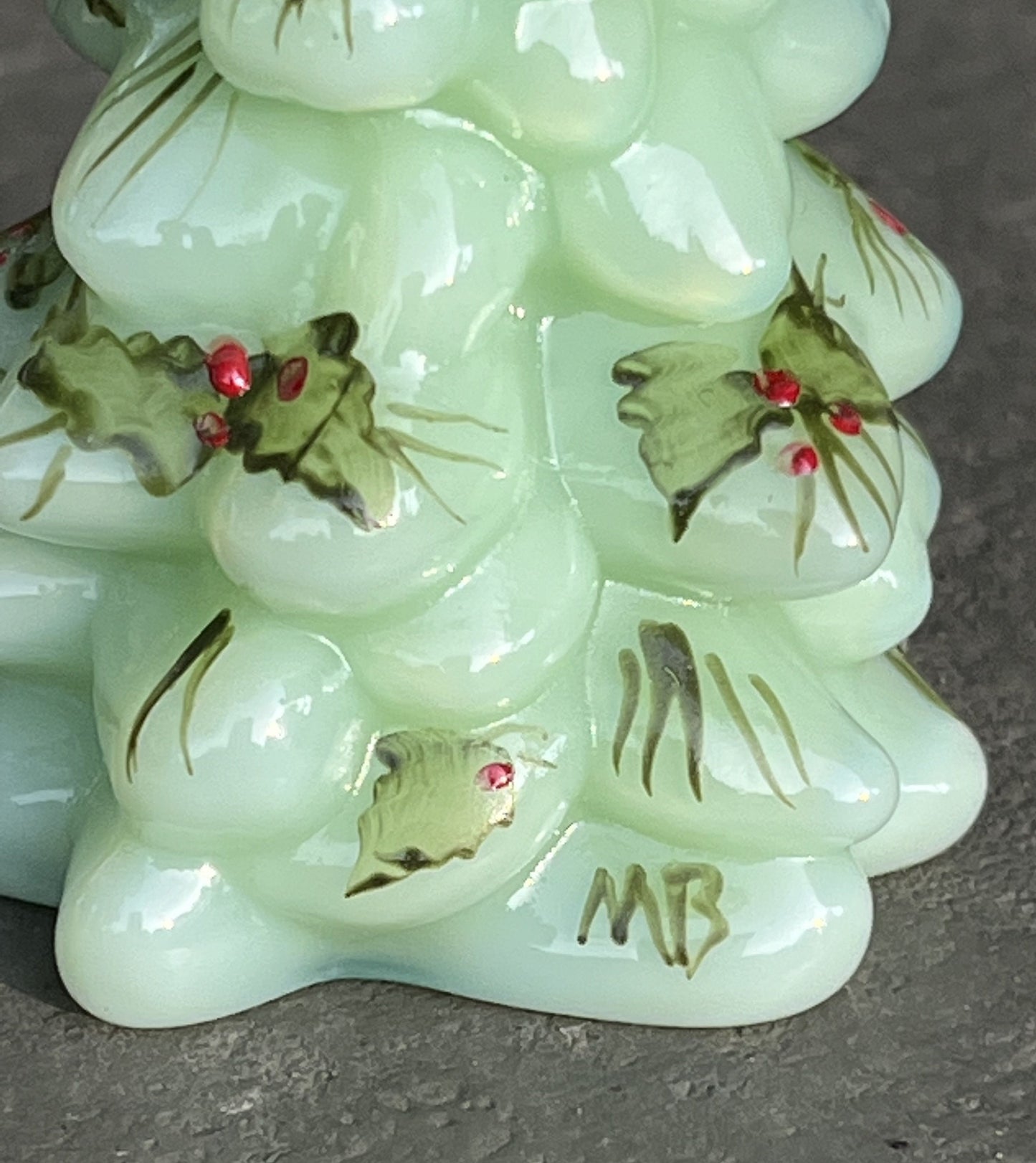 Jadeite Glass Mini Pine Tree with Holly Signed