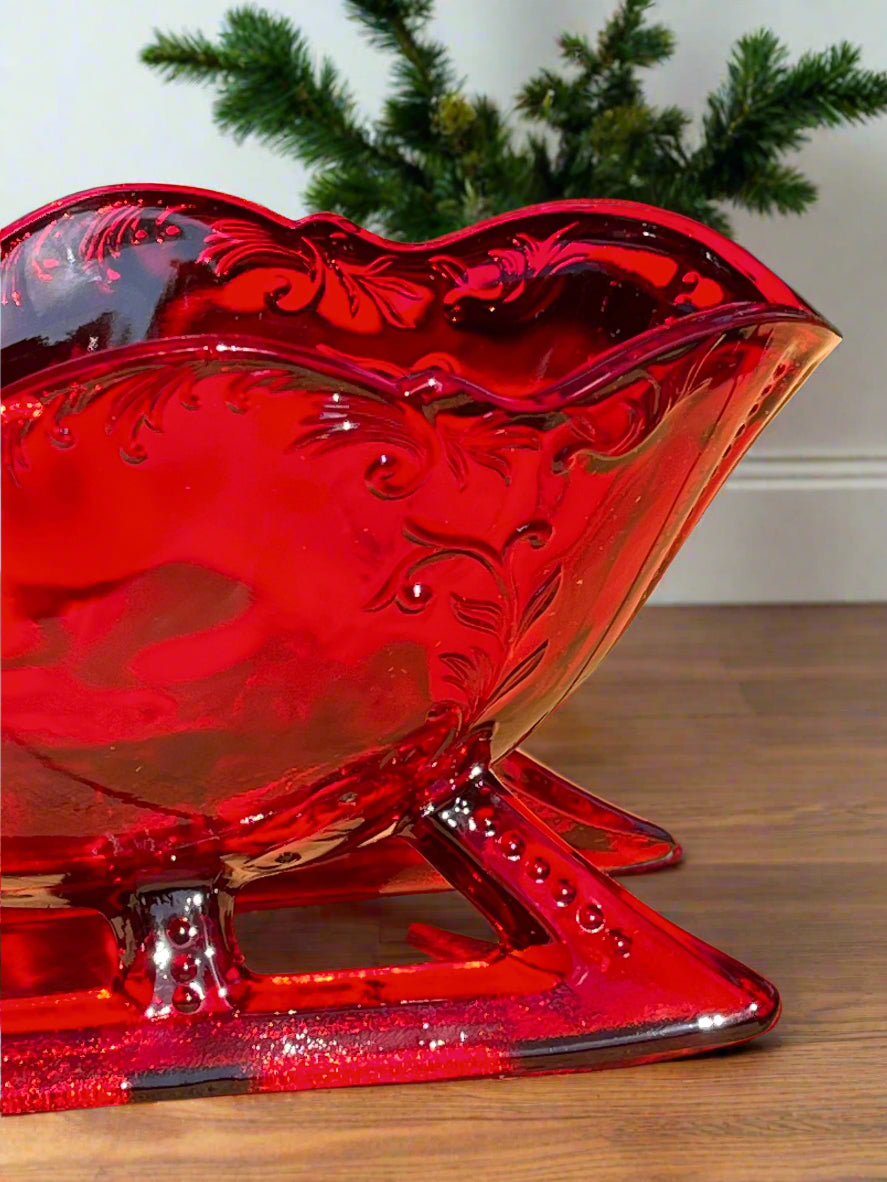 Large Ruby Red Glass Christmas Sleigh Centerpiece