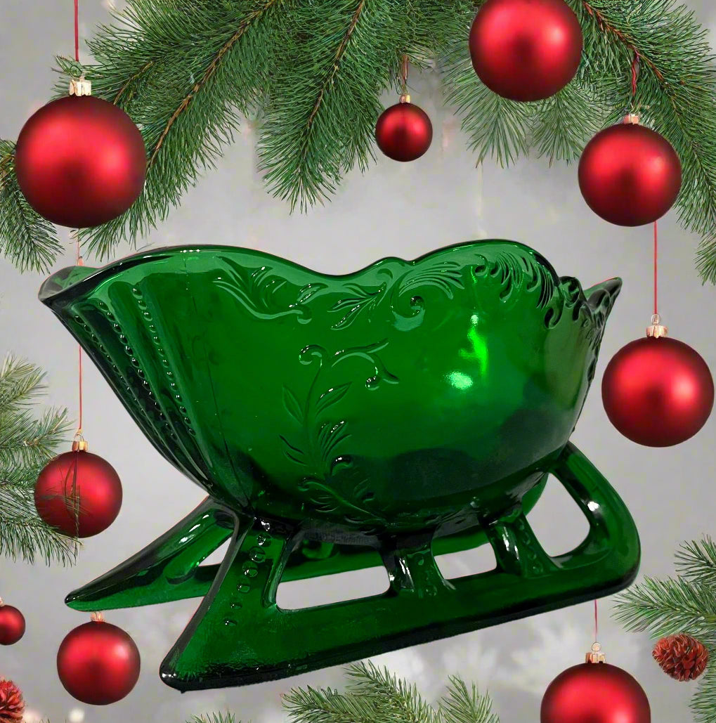 Large Glass Santa Sleigh Hunter Green