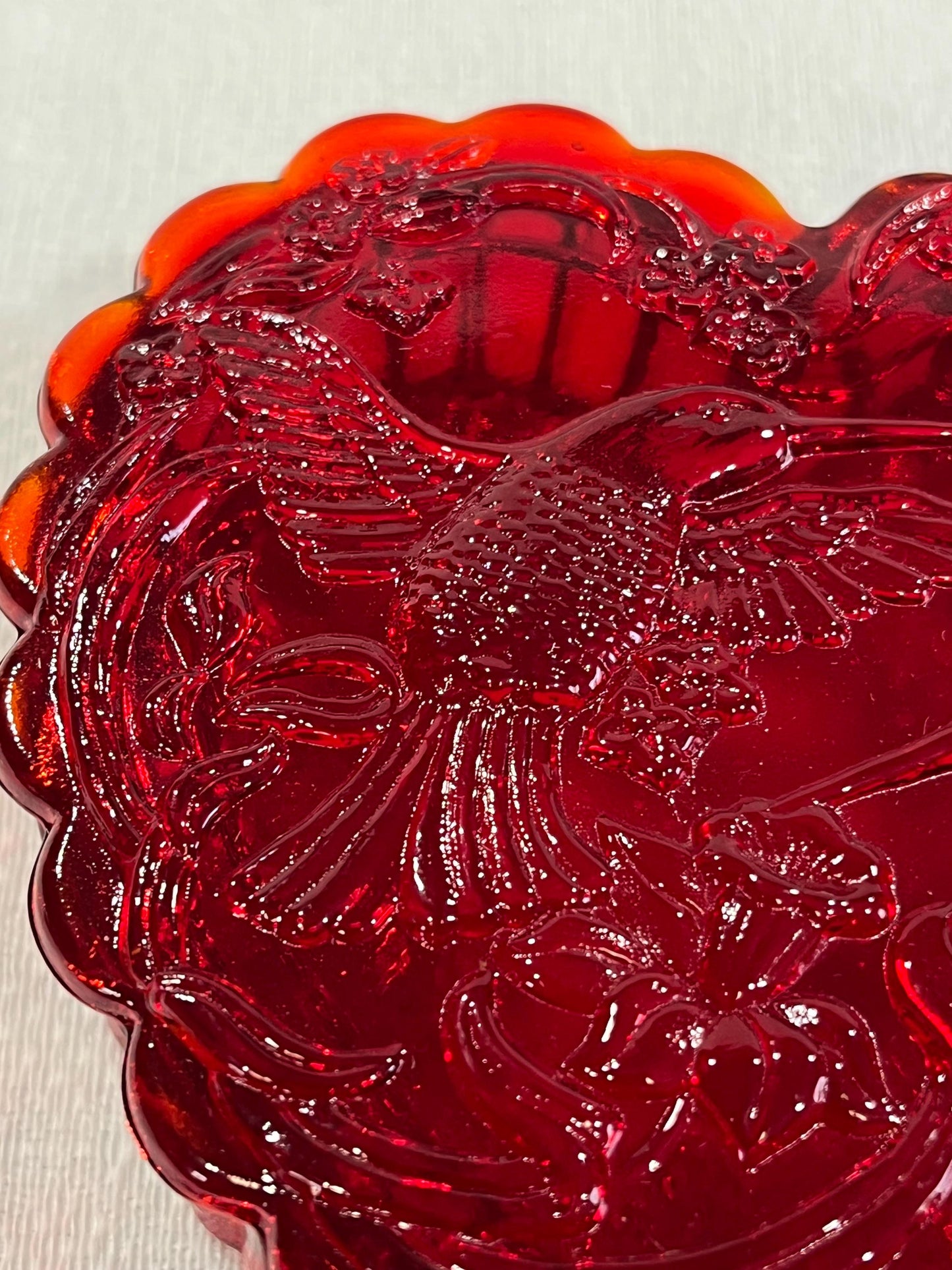Large Ruby Red Glass Heart Box with Hummingbird and Flowers