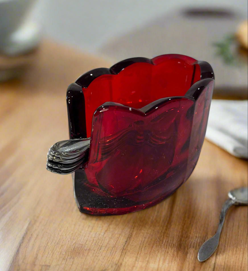 Ruby Red Glass Spoon Rest Spoon Holder Scalloped Edge