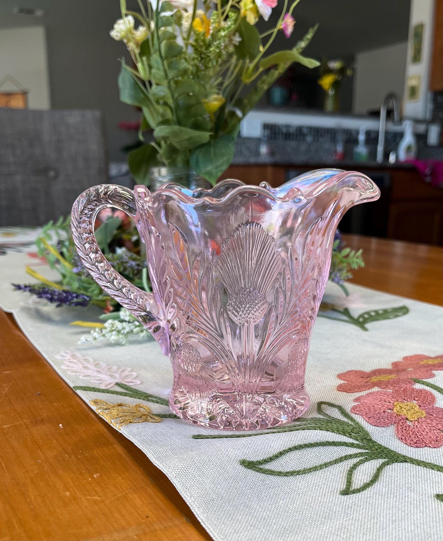 Rose Pink Glass Creamer Thistle Pattern