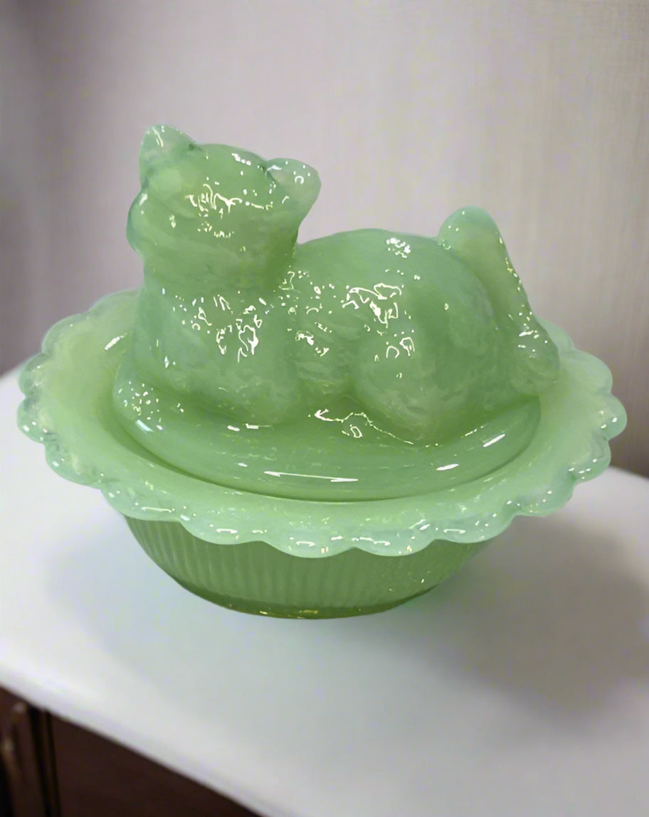 Mini Jadeite Green Glass Kitten Cat on Basket 2 Part Box