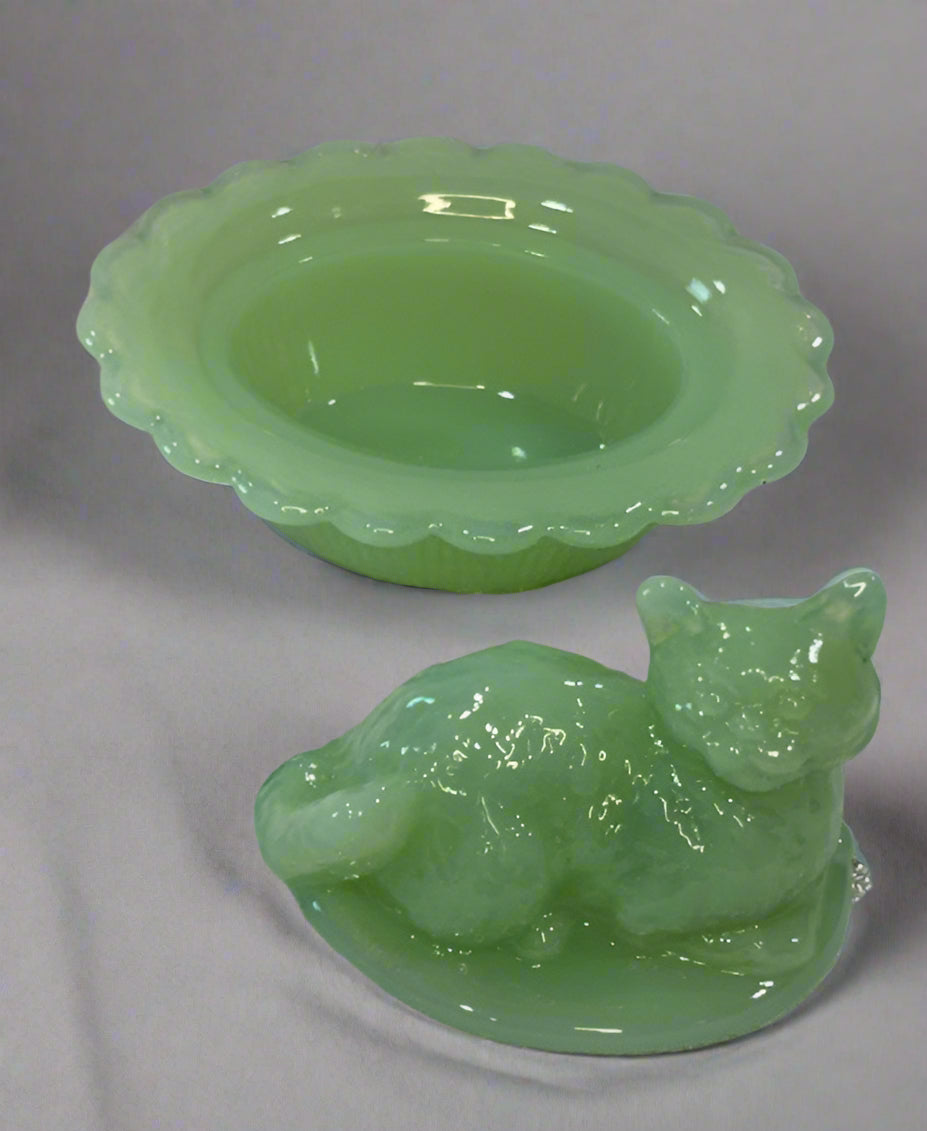 Mini Jadeite Green Glass Kitten Cat on Basket 2 Part Box