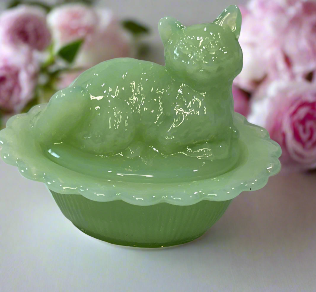 Mini Jadeite Green Glass Kitten Cat on Basket 2 Part Box