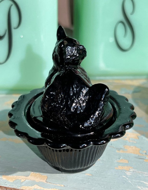 Mini Black Glass Kitten Cat on a Basket Salt Cellar