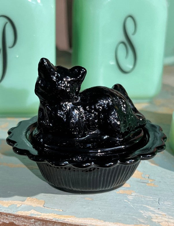 Mini Black Glass Kitten Cat on a Basket Salt Cellar