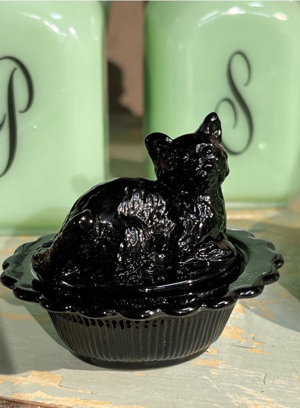 Mini Black Glass Kitten Cat on a Basket Salt Cellar