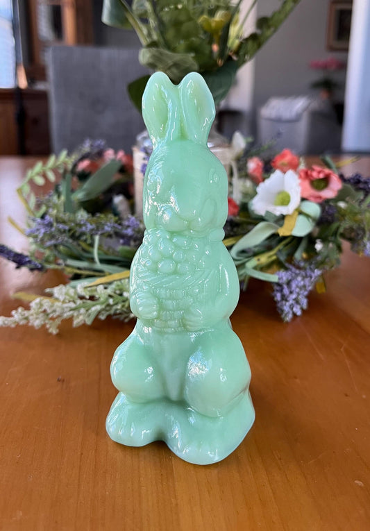 Jadeite Glass Standing Bunny Rabbit Holding a Basket