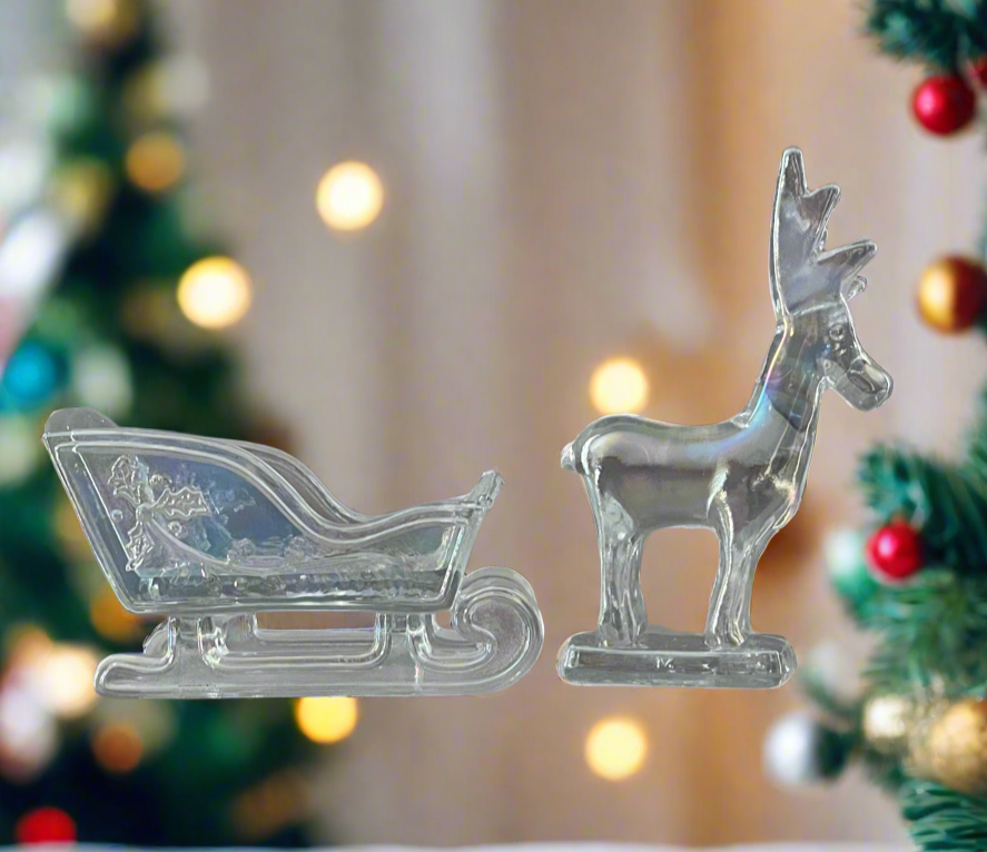 Crystal Carnival Glass Sleigh and Reindeer Mini Figurine Set