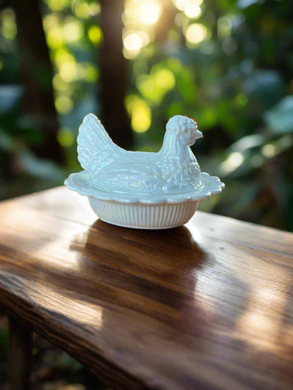 Hen on Nest Covered Dish 6" Milk White Carnival Glass