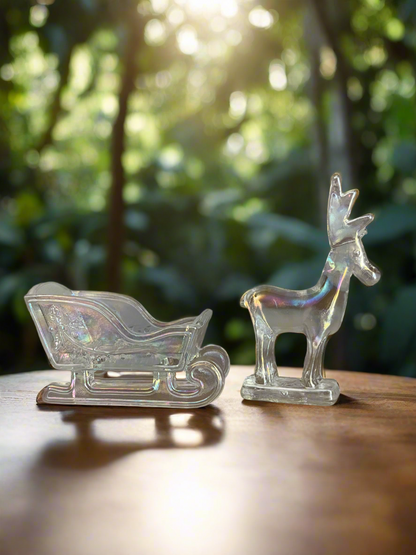 Crystal Carnival Glass Sleigh and Reindeer Mini Figurine Set