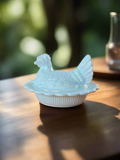 Hen on Nest Covered Dish 6" Milk White Carnival Glass