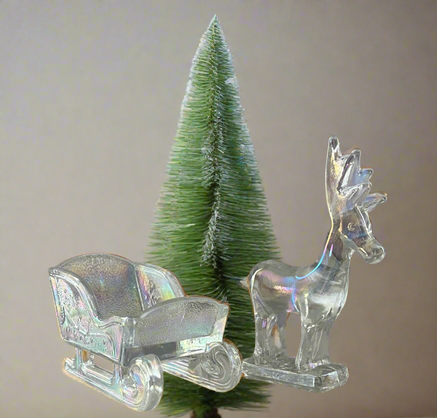 Crystal Carnival Glass Sleigh and Reindeer Mini Figurine Set