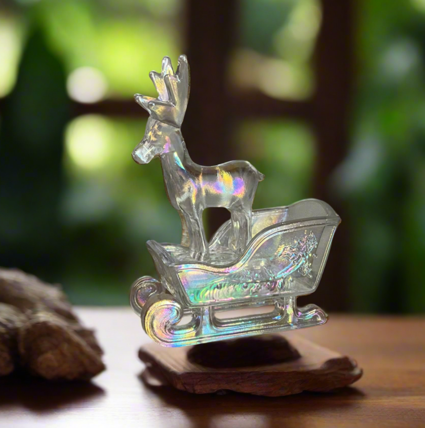 Crystal Carnival Glass Sleigh and Reindeer Mini Figurine Set