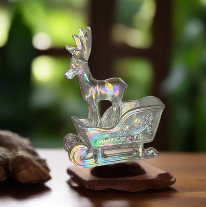Crystal Carnival Glass Sleigh and Reindeer Mini Figurine Set