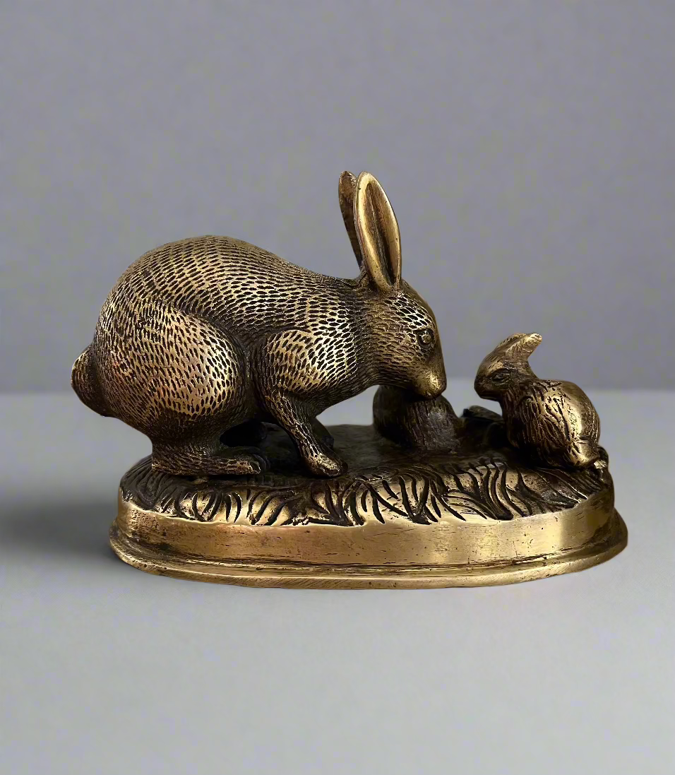 Heavy Brass Rabbit and Kits Statuette