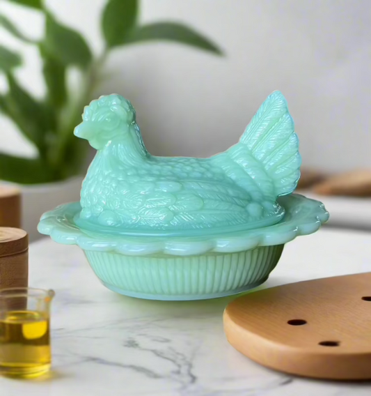 Jadeite Green Glass Hen on Basket Nest Covered Dish 6"