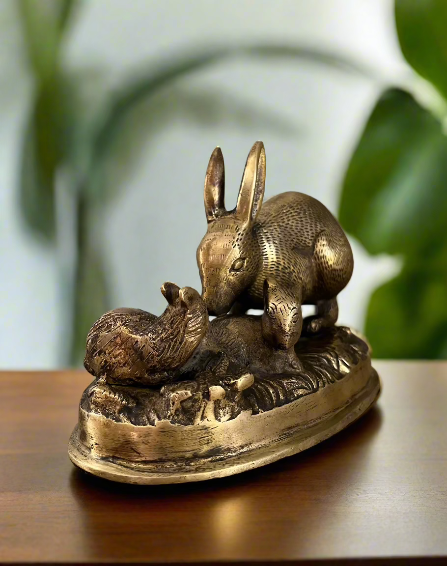 Heavy Brass Rabbit and Kits Statuette
