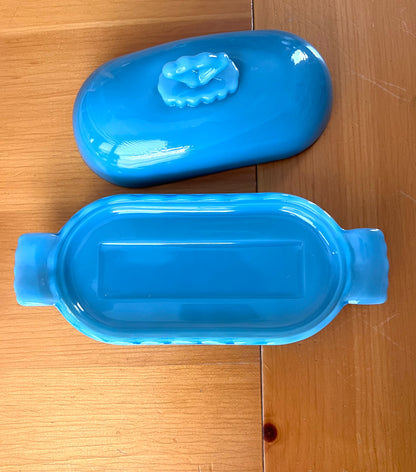 Blue Glass Stick Butter Dish with Cover Anna Pattern