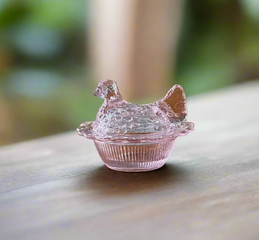 Pink Glass Mini Hen on Basket 2.75" Salt Cellar