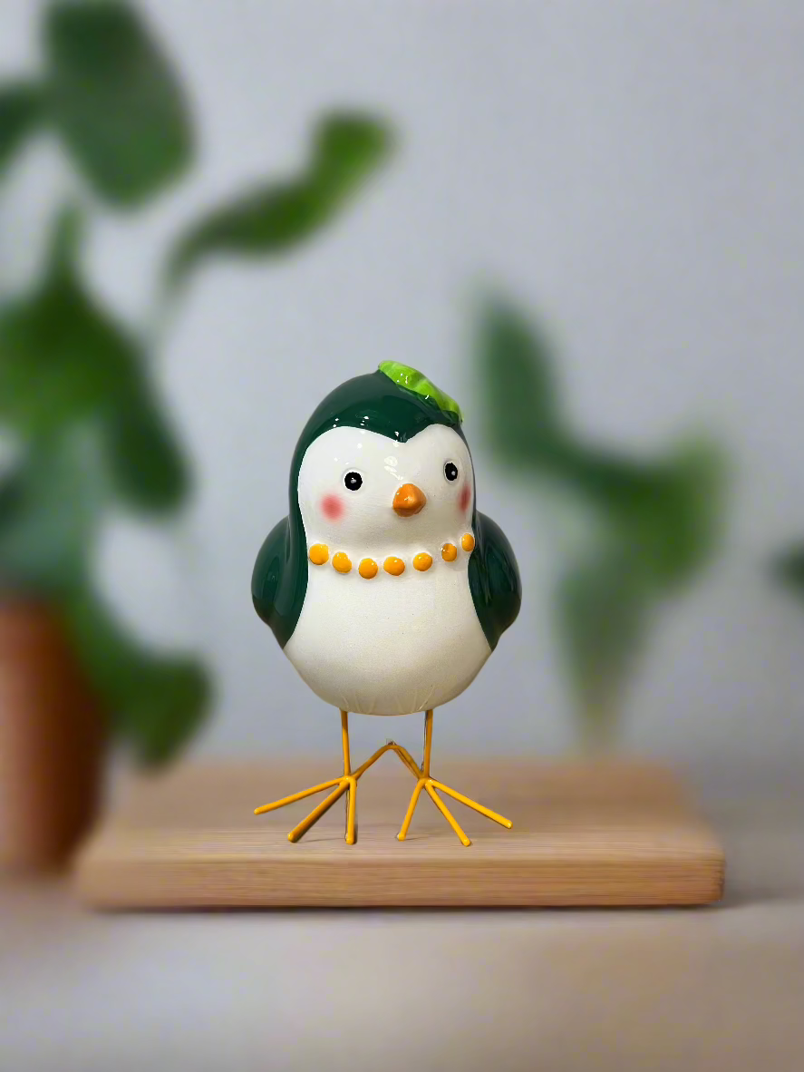 Green and White Bird Figurine Clover Hat Ceramic