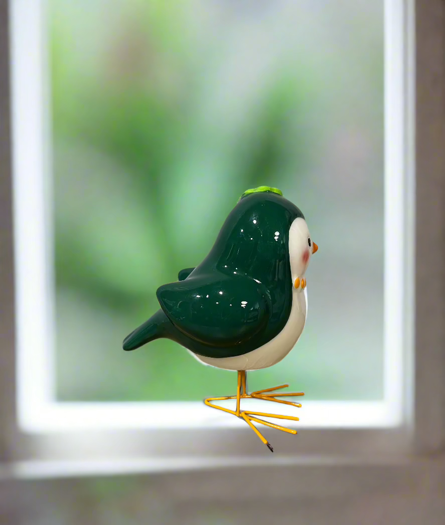 Green and White Bird Figurine Clover Hat Ceramic