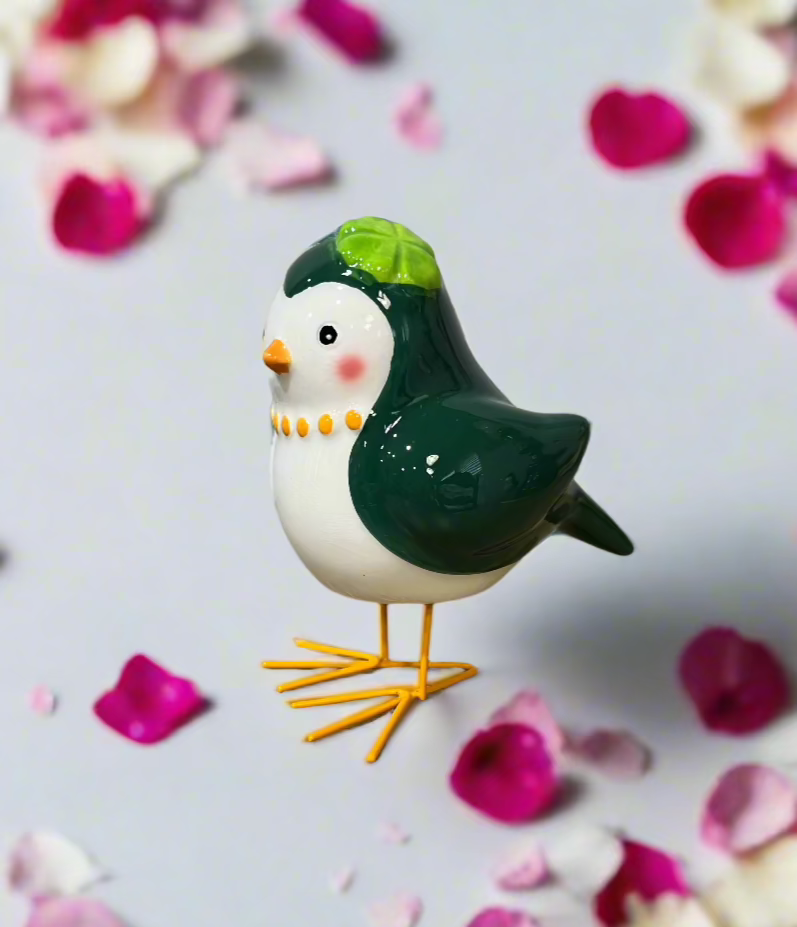 Green and White Bird Figurine Clover Hat Ceramic