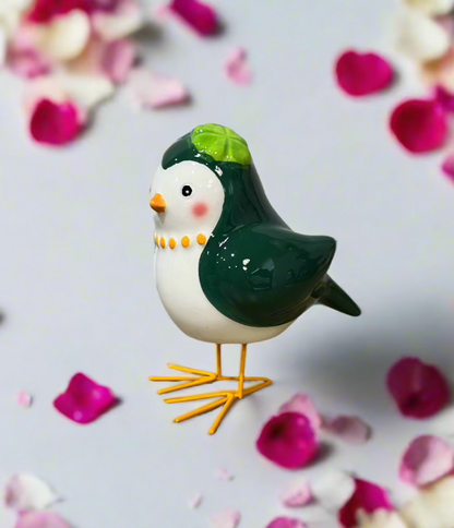 Green and White Bird Figurine Clover Hat Ceramic