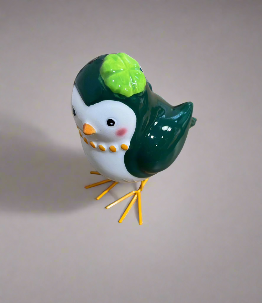 Green and White Bird Figurine Clover Hat Ceramic