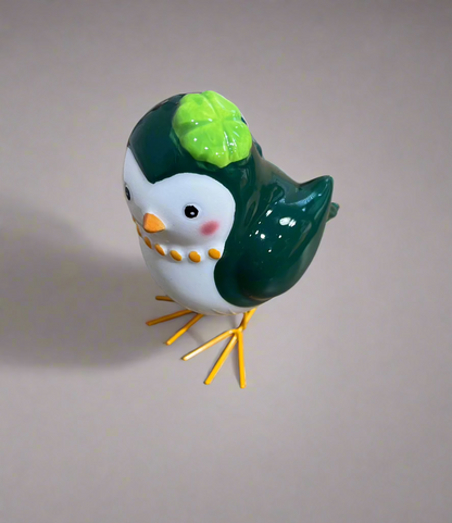 Green and White Bird Figurine Clover Hat Ceramic