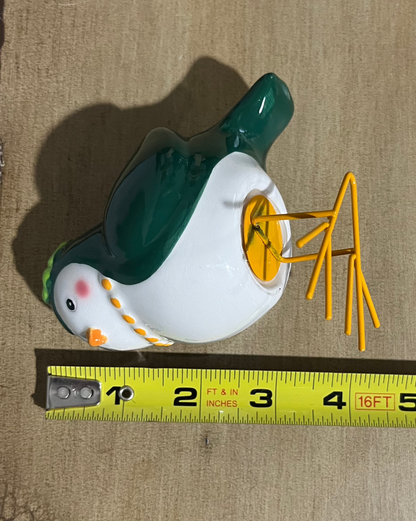 Green and White Bird Figurine Clover Hat Ceramic