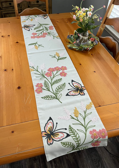 Embroidered Flowers and Butterflies Table Runner 13"x70"