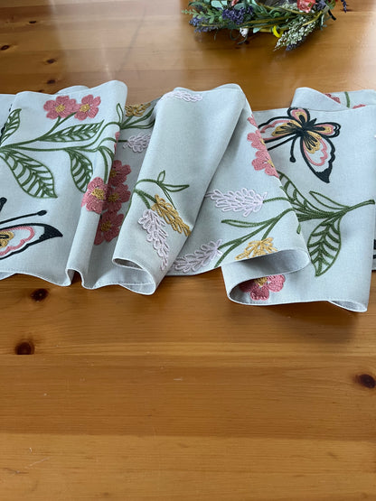 Embroidered Flowers and Butterflies Table Runner 13"x70"