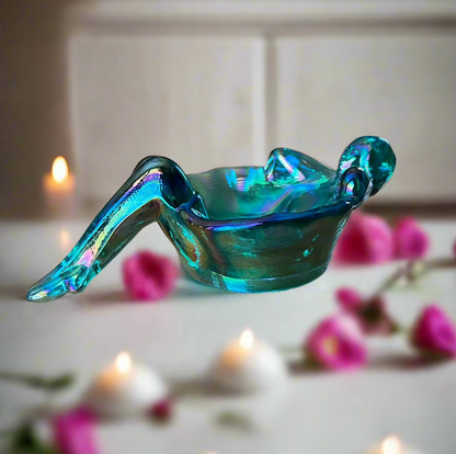 Bathing Beauty Soap or Trinket Dish Teal Carnival Glass Art Nouveau Style