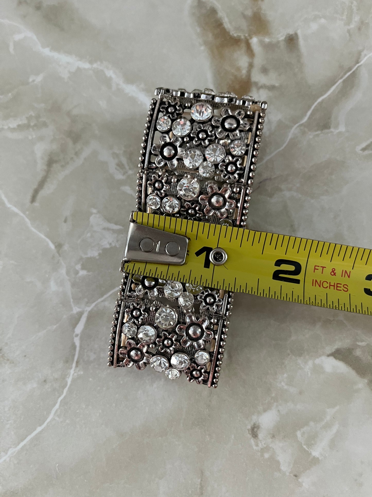 Wide Clear Crystal & Silvertone Stretch Bracelet