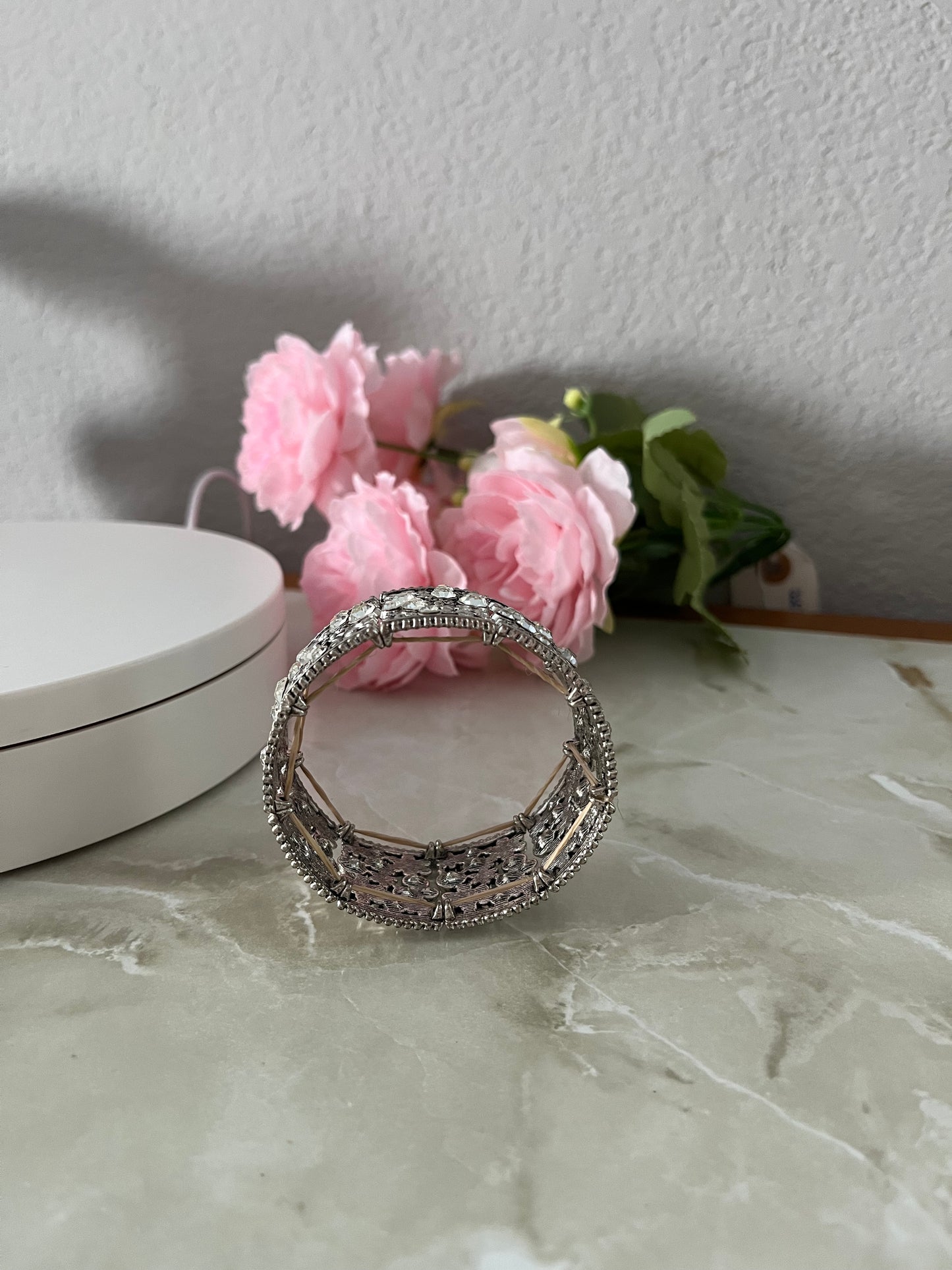 Wide Clear Crystal & Silvertone Stretch Bracelet