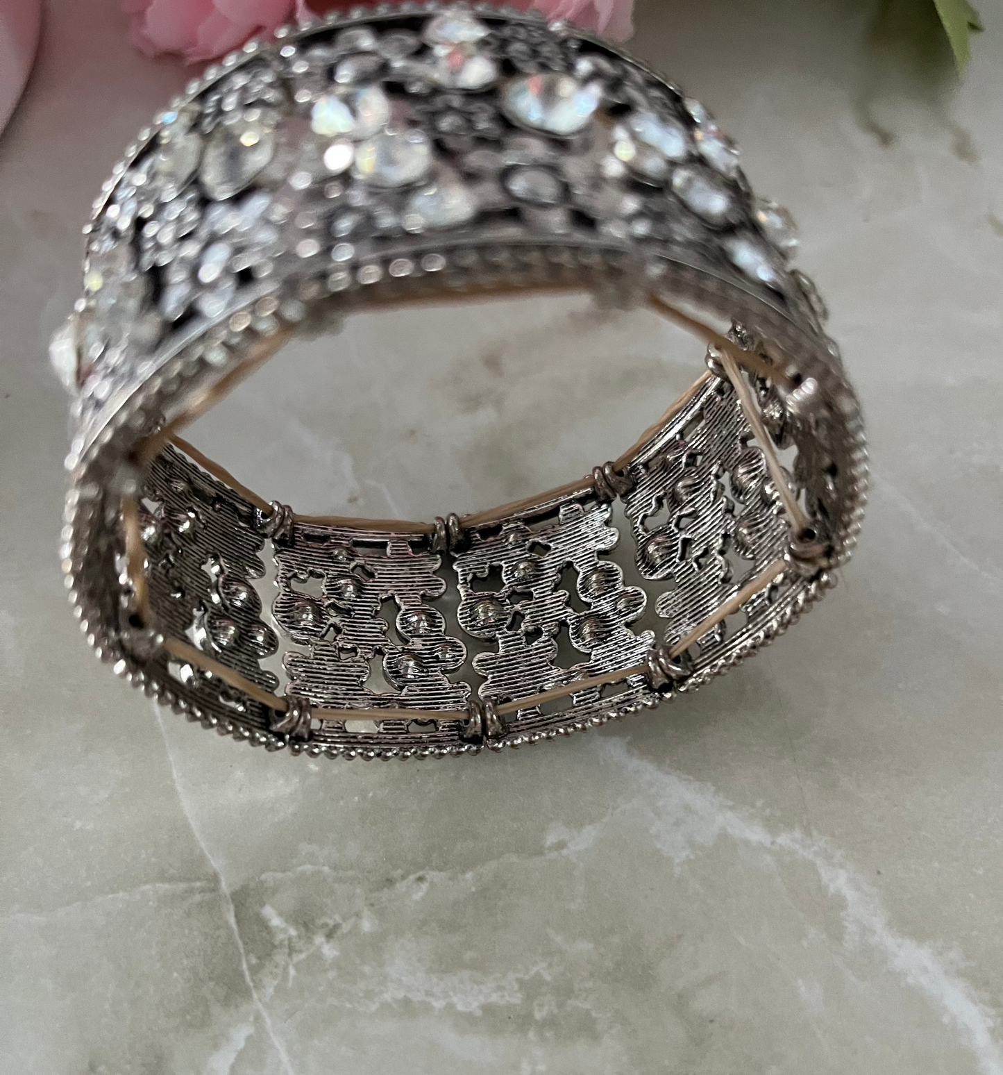 Wide Clear Crystal & Silvertone Stretch Bracelet