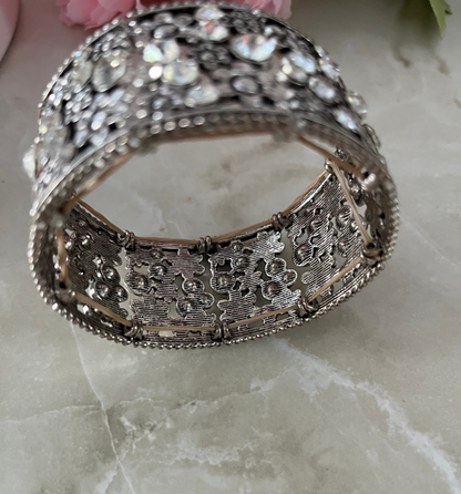 Wide Clear Crystal & Silvertone Stretch Bracelet