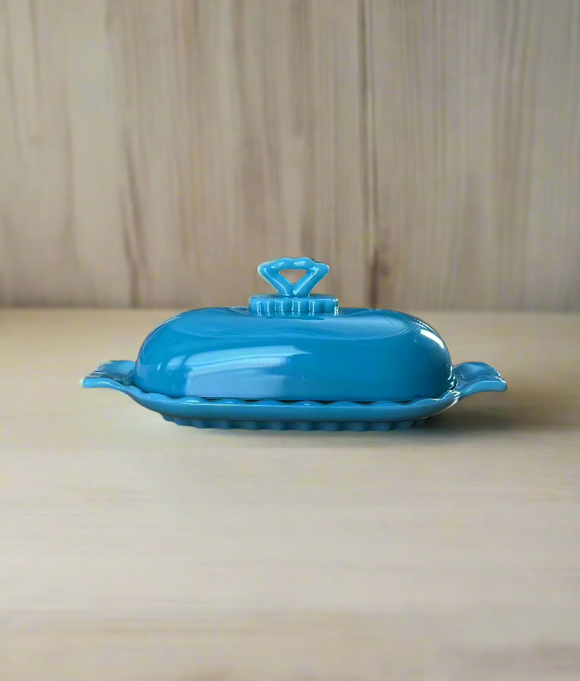 Blue Glass Stick Butter Dish with Cover Anna Pattern