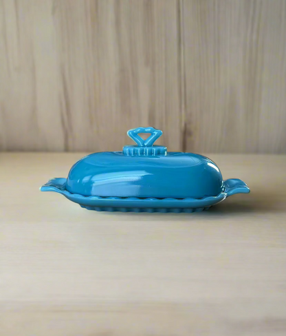 Blue Glass Stick Butter Dish with Cover Anna Pattern