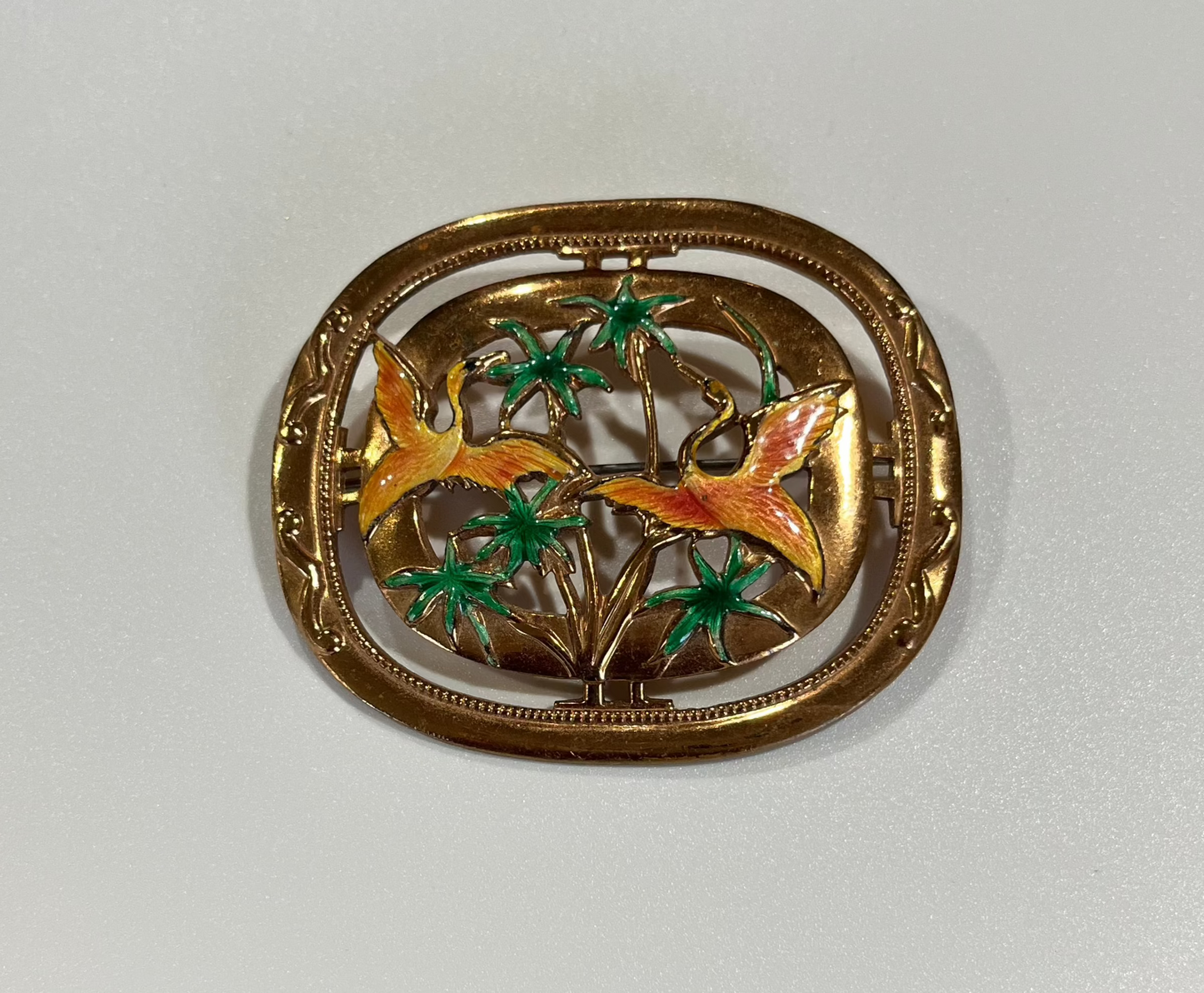 Copper and Enamel Brooch Pin Herons and Palm Trees