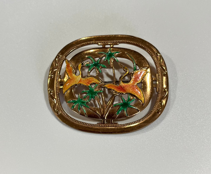 Copper and Enamel Brooch Pin Herons and Palm Trees