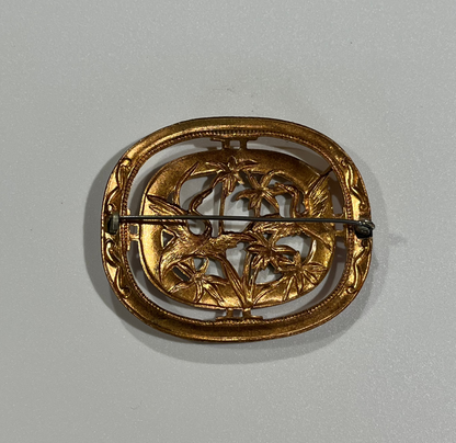 Copper and Enamel Brooch Pin Herons and Palm Trees