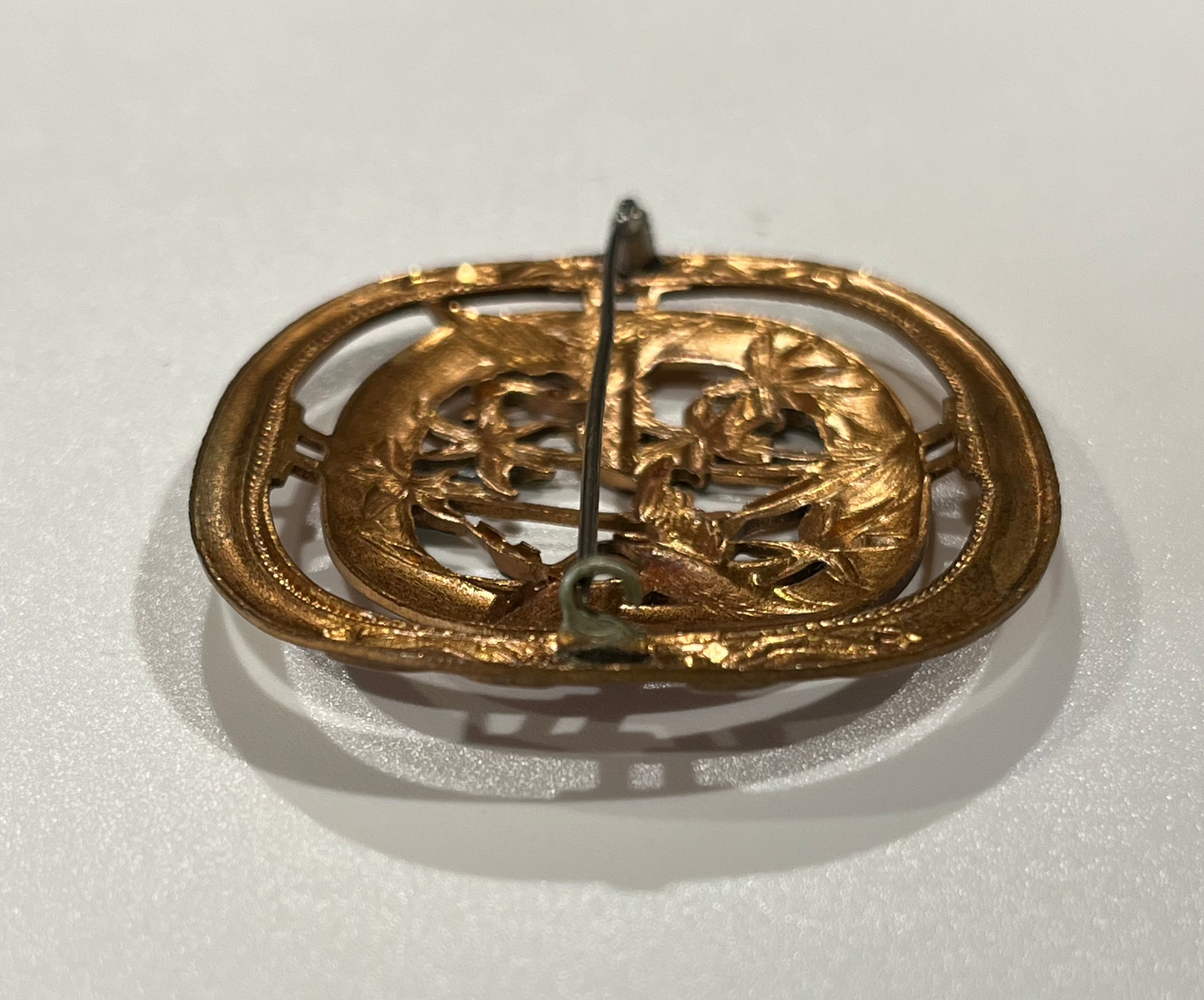 Copper and Enamel Brooch Pin Herons and Palm Trees