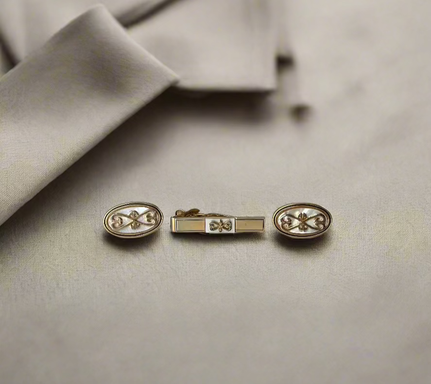 Swank Goldtone and Faux Mother of Pearl Oval Cufflinks and Tie Clip
