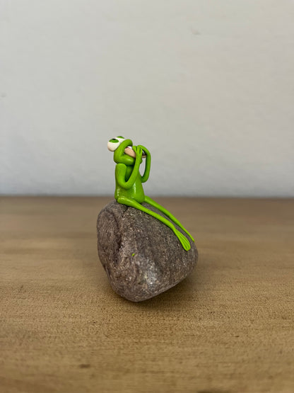 Frog on a Rock Eating a Chocolate Donut Figurine