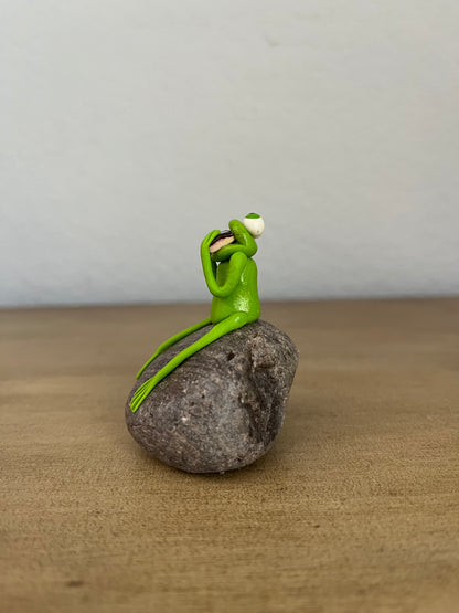 Frog on a Rock Eating a Chocolate Donut Figurine
