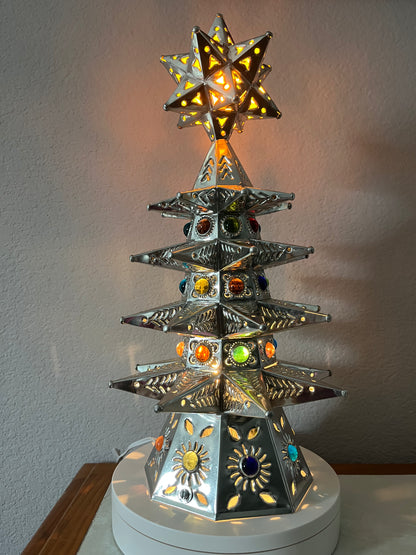 Pre-Lit Punched Metal Tabletop Christmas Tree 16"