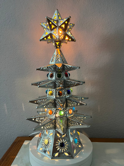Pre-Lit Punched Metal Tabletop Christmas Tree 16"